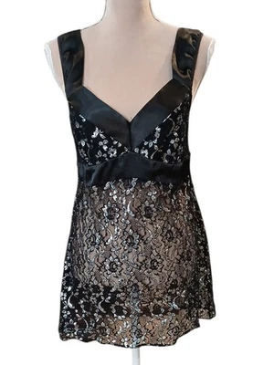 Babydoll negro satinado encaje cami camiseta túnica camisón mujer plateado mujer metálico Foto 1 de 4