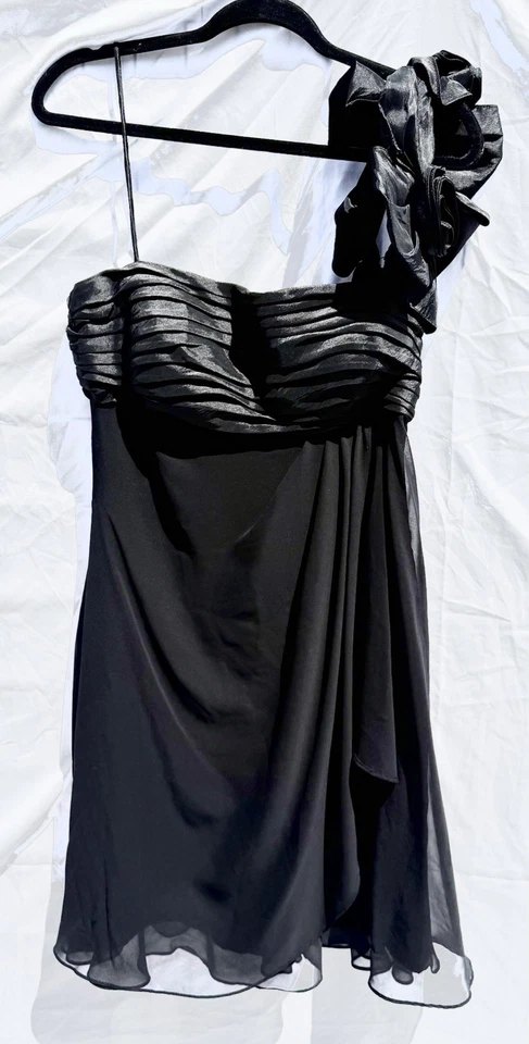 JS Collections Formal Black Bridesmaid Prom Dress Floral One Shoulder Pleated 8 - Image 1 of 4