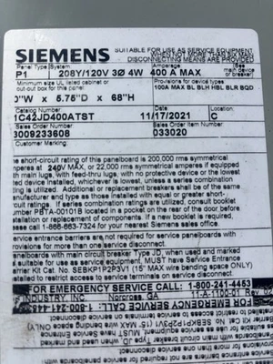 Panel interior Siemens 400 amp MCB P1C42JD400ATST 208v Foto 1 de 4