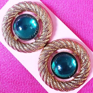Vintage Gold-Toned Buttons 3cm Green Gems In Center Rope Circle Shank 2 Pack - Picture 1 of 5