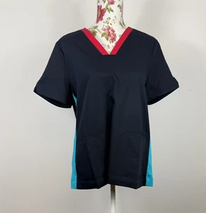 Designs to You women's nurse scrub top navy blue with green red trim Size 14 NWT - Foto 1 di 12