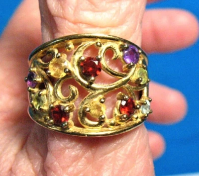 ANILLO ORO PLATA ESTERLINA GRANATE AMATISTA CITRINO PERIDOTO TALLA 6,75 5,6 GRAMOS Foto 1 de 3