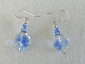 VTG Sterling Silver Polished Marbled Crystal Drop Dangle Earrings Hook Blue - Picture 1 of 6