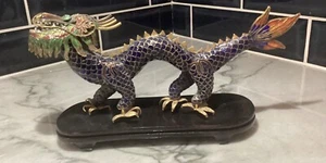 Vintage cloisonne dragon figurine sculpture on wood stand, moving head - Picture 1 of 6