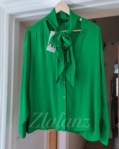 Zara SS22 Light Bow Blouse Green Shirt XS S M L XL Textured Gold Buttons BNWT - Picture 1 of 9