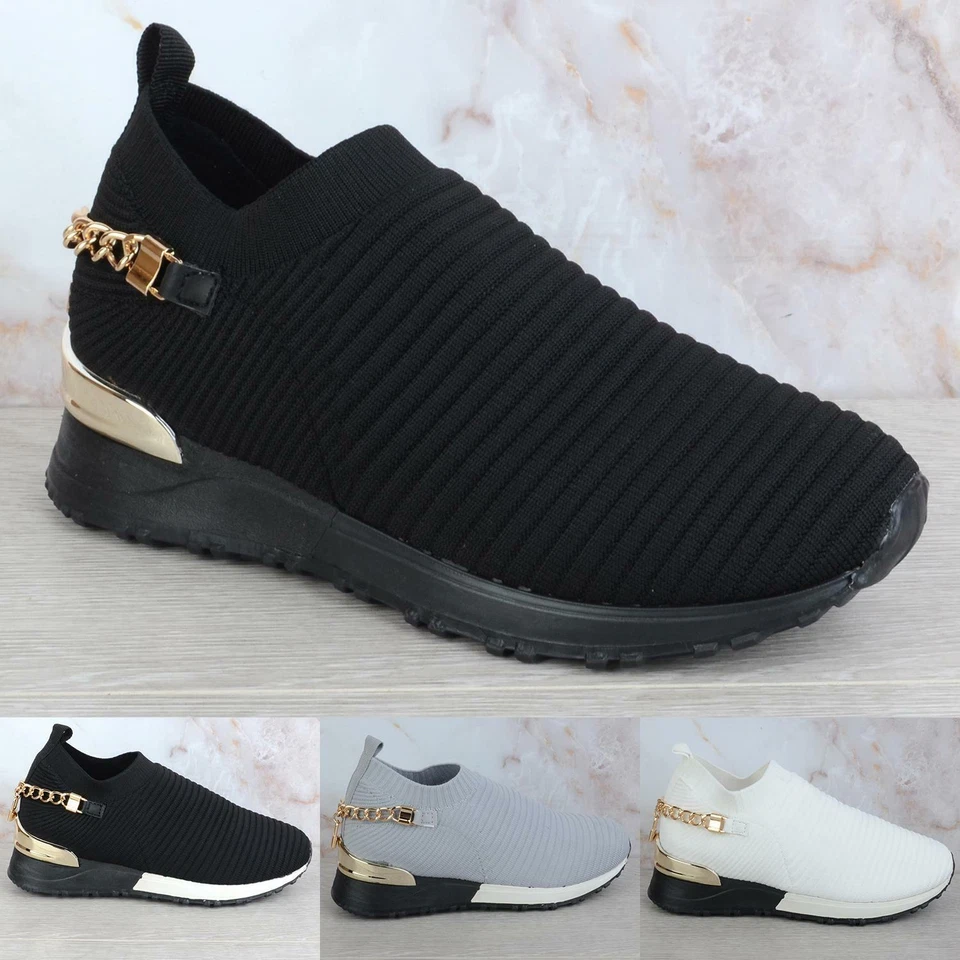 WOMENS LADIES GOLD CHAIN PULL ON SOCK WEDGE HEEL TRAINERS PUMPS SPORT SHOE SIZE