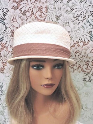 Vintage Ladies Cloche Hat - Beige w/ Brown & Off-White Chiffon Hat Band - Image 1 of 4