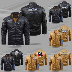 Seattle Seahawks Men's Leather Jacket Fleece Warm Coat Vintage Bomber Outwear