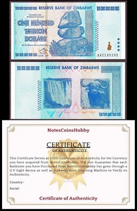 Zimbabwe 100 Trillion 2008 AA Pick-90 UV Passed with C.O.A UNC Ship from CANADA - Picture 1 of 6
