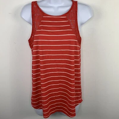 So Womens Tank Top Sz S Red White Striped Floral Lace Trim Sleeveless Split Back - Image 1 of 4