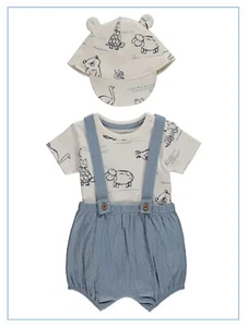 Baby Boys Animal Romper Bodysuit & Hat Outfit Dungaree 3 Piece Set 0-6 Mths NEW - Picture 1 of 5