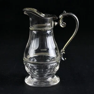 Silver Mount Panel Cut Flint Glass Syrup Pitcher, Antique Pedestal Blown 5 3/8" - Picture 1 of 9