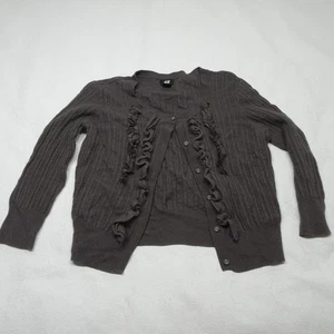 H&M Size L Brown Button Up Ruffled 3/4 Sleeve Cardigan Crop Sweater - Picture 1 of 5