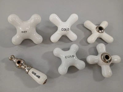 6 Vintage Porcelain Hot/ Cold Knobs Fixtures Bathtub/Sink Mixed Lot various Size - Image 1 of 4