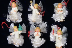 Set Vintage Kunststoff gesponnen Glas Flügel ENGEL auf Wolke Weihnachtsschmuck Germany - Bild 1 von 13