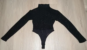 Vtg Stretch Silver Metallic Sparkle Mock Turtleneck Black Bodysuit Dance Suit M - Picture 1 of 14