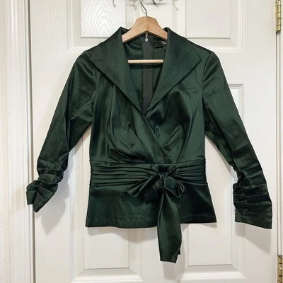 Camisa Tadashi Para Mujer 4 Verde Manga Larga Acanalada Cuello en V Formal Top Adulto Foto 1 de 4