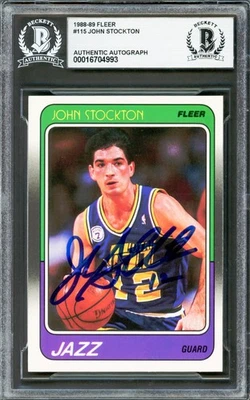 Fleer RC 115 Utah Jazz Beckett #16704993 firmado por John Stockton 1988-89 Foto 1 de 2