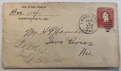 1906 LAKEPORT CALIFORNIA COVER TO TWO RIVERS WISCONSIN BACKSTAMP NO LETTER INCL. - Image 1 of 3