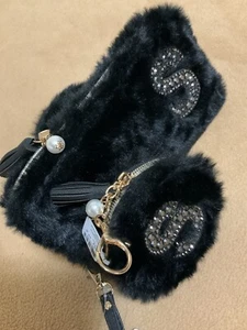 Black Plush Rignstone S Initial Wristlet And Coin Purse - Picture 1 of 3