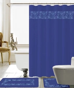 15 Piece Lilian Embroidery Banded Shower Curtain Bath Set (Navy Blue) - Picture 1 of 1