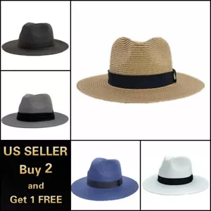 Herren Damen Stroh Panamamamütze Fedora Trilby kubanische Sonnenkappe breite Krempe Blumenmuster Sommer - Bild 1 von 16