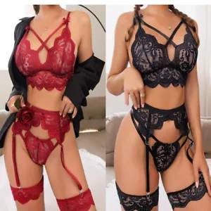 Sexy Women Lingerie Panty G-string Set Lace Bra Garter Nightwear Dress Underwear - Picture 1 of 15