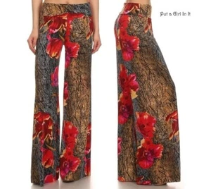 New Womens HIGH WAISTED or FOLDOVER RED FLORAL BOHO SILKY PALAZZO PANTS S M L - Picture 1 of 4