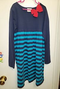 Hanna Andersson Dress Girls 7/8 striped red bow long sleeve cotton blue b11