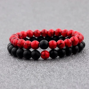 2Pcs Couple Lover His Hers Red Stone Beaded Matching YinYang Distance Bracelets - Picture 1 of 16