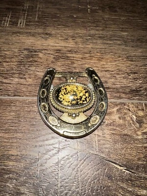 Vintage Metal Horse Shoe Belt Buckle Gold Colored Polished Stone Western Wear - Image 1 of 4