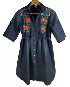Tasha Polizzi Denim Dress Size Small Embroidered Stretch Pintuck Tie Back Blue - Picture 1 of 13