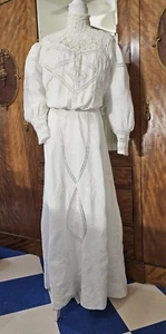 Antique Victorian White Embroidered Violets Linen Lace Tea Dress - Picture 1 of 24