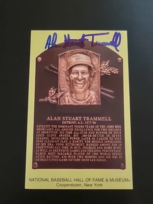 Alan Trammell Signed Gold HOF Plaque Postcard Yellow Autograph FULL NAME JSA - Image 1 of 2