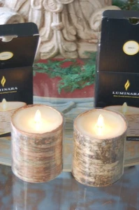 SET 2 KERZEN LUMINARA ECHTE BIRKENRINDE & WACHS ECHTER FLAMMENEFFEKT FLAMMENLOS NEU MIT ETIKETT NEU - Bild 1 von 5