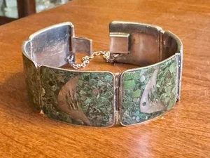 Sterling Taxco Ledesma Panel Bracelet, Fish with Green Stone Inlay - Picture 1 of 10