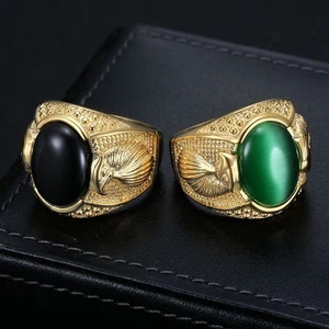Gold Plated Rhinestone Cat’s Eye Stone Stainless Steel Eagle Ring Hiphop Men - Picture 1 of 9