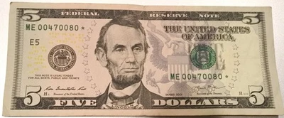 1) 640K RUN 2013 $5 STAR* Dollar 5 OF A KIND 0's FEDERAL RESERVE NOTE Circulated - Image 1 of 2