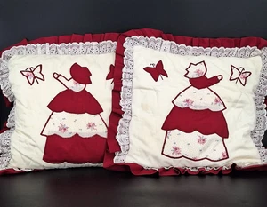 2 Vintage Handmade Decorative Pillows W/Ruffles Girl 14x14 Flowers 18" X 18" - Picture 1 of 9
