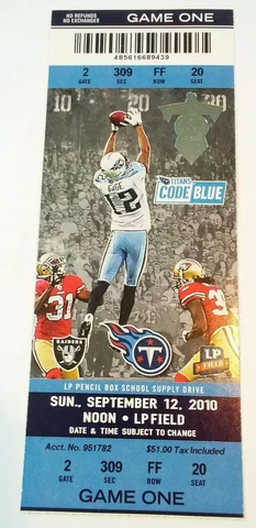2010 Tennessee Titans Oakland Raiders NFL Football Ticket Stub Cover