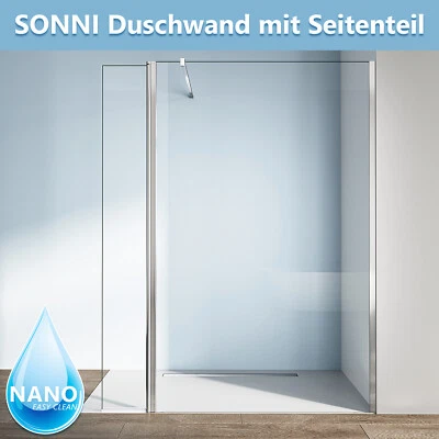 SONNI Walk in Dusche Duschwand Duschabtrennung mit 180° einstellar Seitenwand 8mm NANO