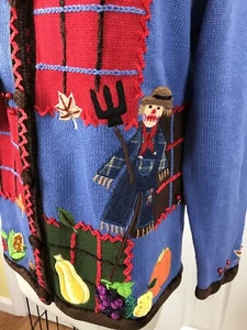 NWT QVC QUACKER FACTORY BLUE PUMPKINS SCARECROW CARDIGAN SWEATER SIZE S - Picture 1 of 12