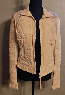Blanc Noir Women's Light Pink Leather Mesh Moto Jacket Size Large  - Image 1 of 4
