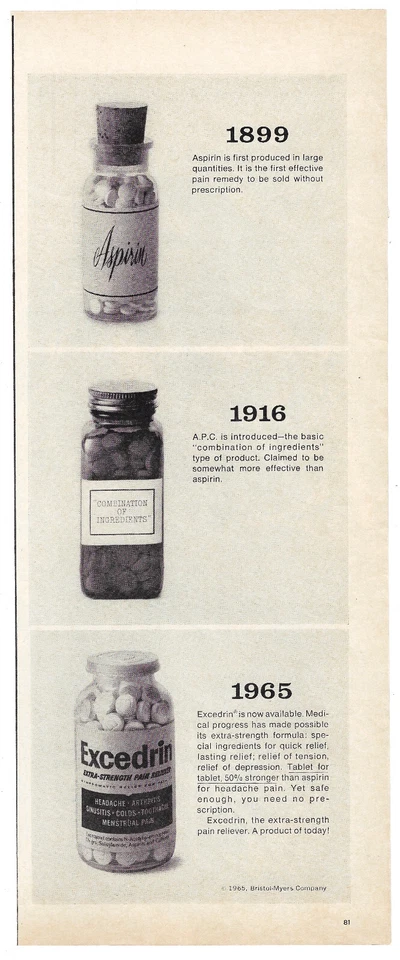 Excedrin Pain Reliever Print Ad Vintage Advertisement Medicine Advertising 1965 - Image 1 of 1