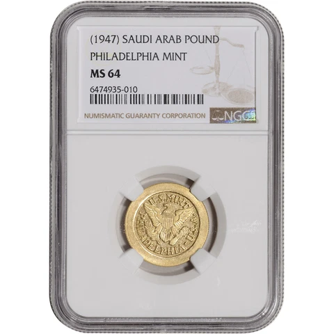(1947) Saudi Arabia Gold Pound Philadelphia Mint - NGC MS64 KM# 35 Cover