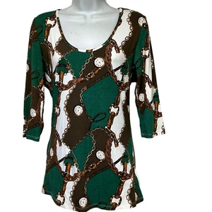 Venus Time clock Chain Link print Scoop neck green Long Sleeve blouse Top Size 8 - Picture 1 of 7