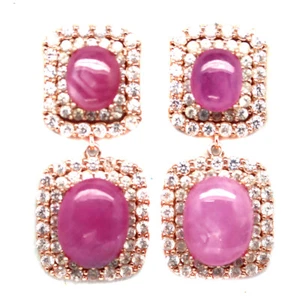 Gemstone Heated Pink Ruby & White Zircon Earrings 925 Sterling Silver - Picture 1 of 4