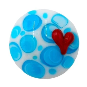 Glass Art Brooch Red Heart Blue White Circles Pin Artisan Made OOAK Valentines - Picture 1 of 9
