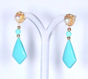 Estate genuine turquoise and genuine pearl dangle earrings in 14k solid YG - Picture 1 of 3