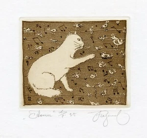 Partituras de gato y pájaros, impresión artística grabada ex libris de Stanislaw Kazimov - Imagen 1 de 2